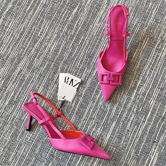 ZARA Leather Heels with Front Buckle NWT | Fuchsia Slingback Size 7.5 - Picture 9 of 16